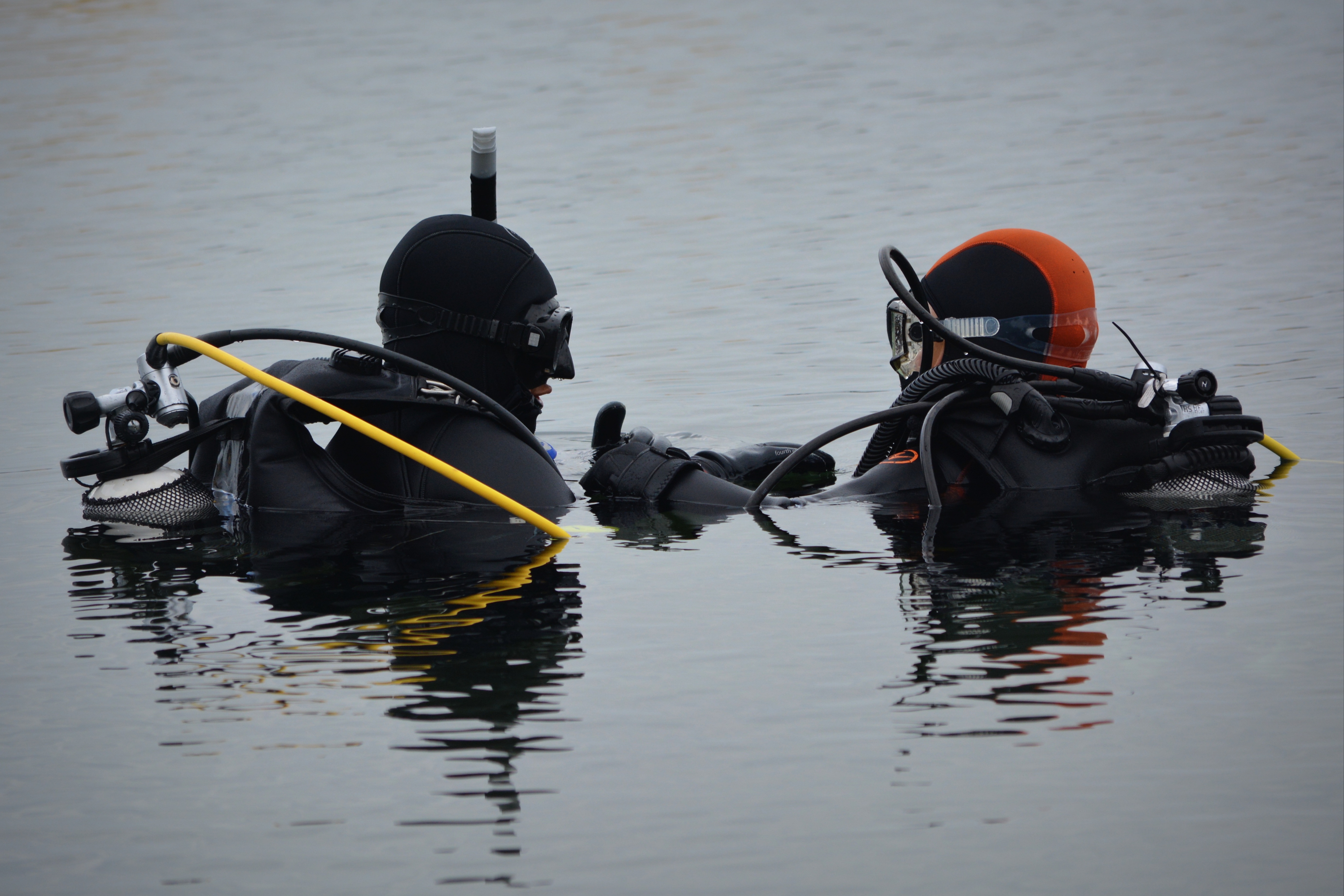 Two divers in the water about to dive